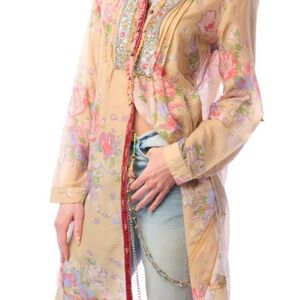 Aratta XL Floral Print button down tunic shirt dress/top Sheer Long Sleeve Top